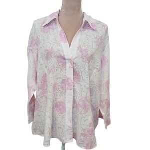 Aparenza Womens 2X Button Front Long Sleeve Floral Print Blouse Shirt Top FLAW